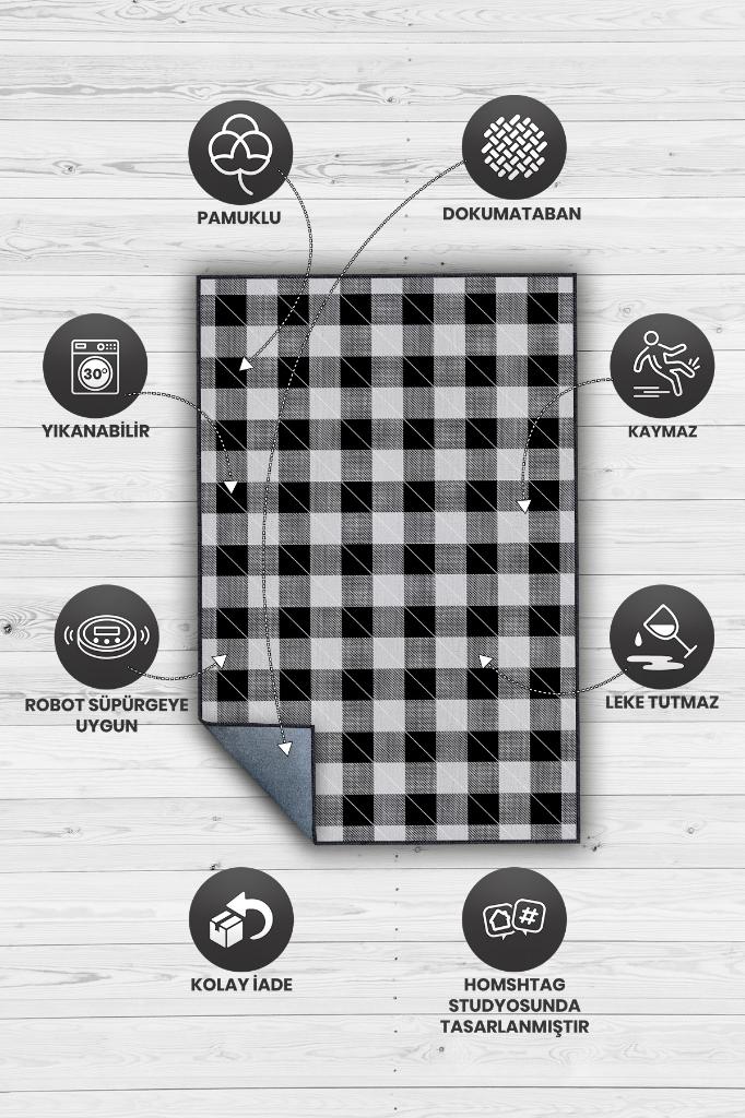 Homshtag Ekose Desenli Halı Siyah Beyaz Renkli Salon Halısı Tasarım Halı Hasır Görünümlü Ekose Halı