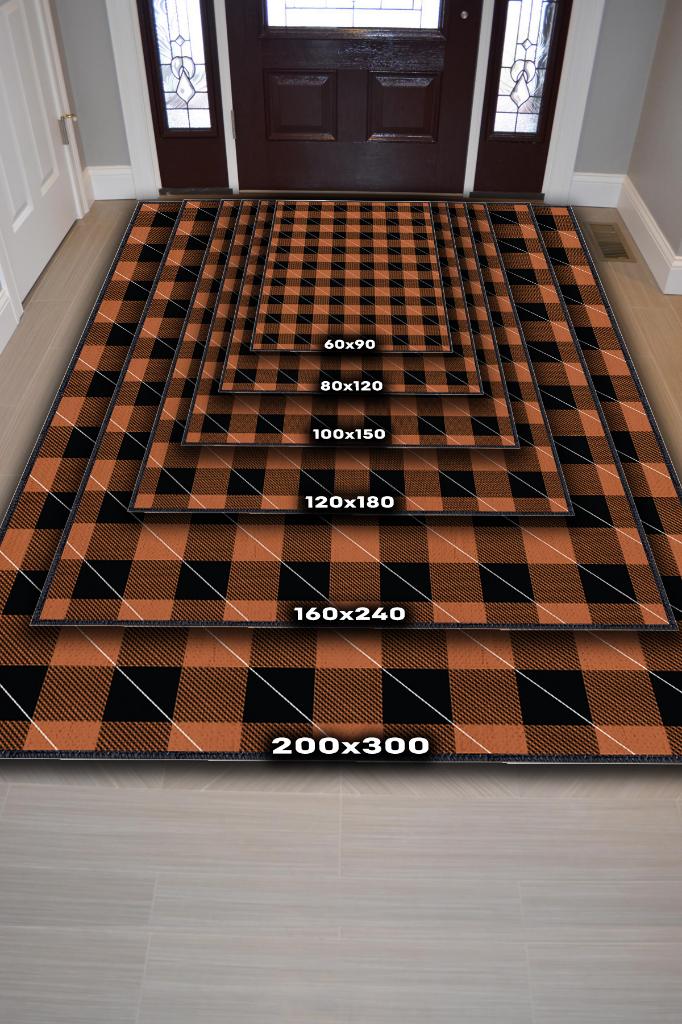 Homshtag Ekose Desenli Halı Turuncu Siyah Renk Salon Halısı Tasarım Halı Hasır Görünümlü Ekose Halı