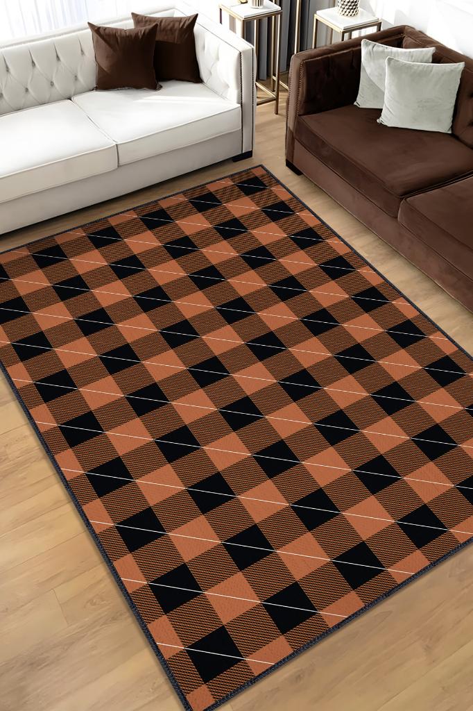 Homshtag Ekose Desenli Halı Turuncu Siyah Renk Salon Halısı Tasarım Halı Hasır Görünümlü Ekose Halı