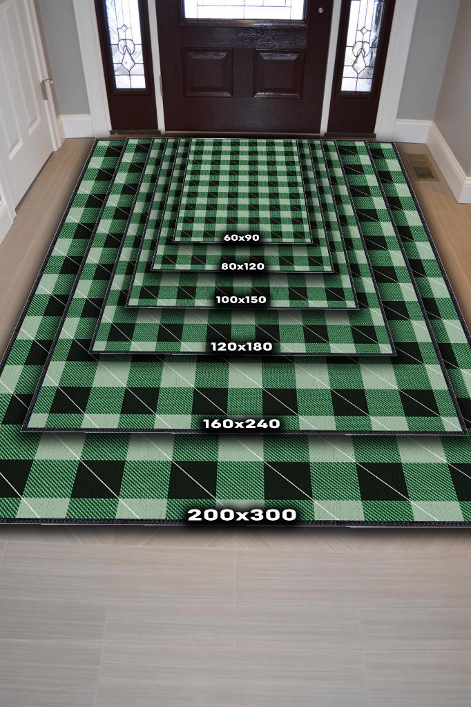 Homshtag Ekose Desenli Halı Yeşil Renkli Salon Halısı Tasarım Baskı Halı Hasır Görünümlü Ekose Halı