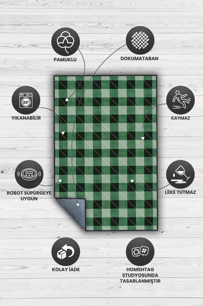 Homshtag Ekose Desenli Halı Yeşil Renkli Salon Halısı Tasarım Baskı Halı Hasır Görünümlü Ekose Halı