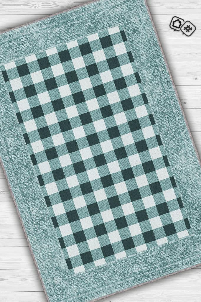 Ekose Desenli Mavi Renkli Halı Vintage Bordürlü Halı Hasır Görünümlü Damalı Halı