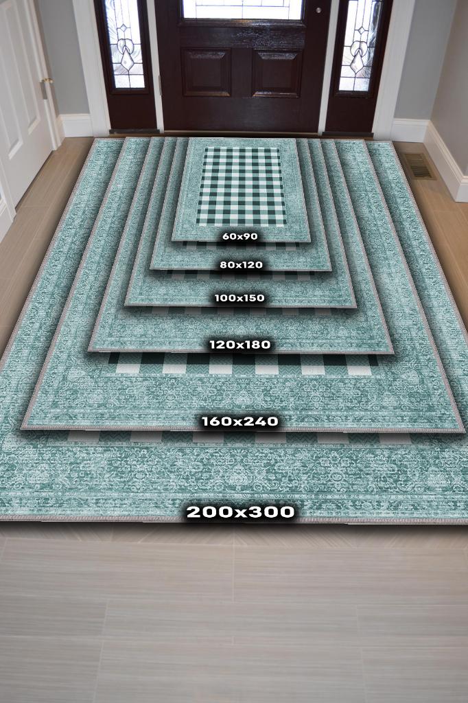 Ekose Desenli Mavi Renkli Halı Vintage Bordürlü Halı Hasır Görünümlü Damalı Halı