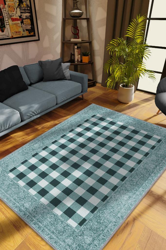 Ekose Desenli Mavi Renkli Halı Vintage Bordürlü Halı Hasır Görünümlü Damalı Halı