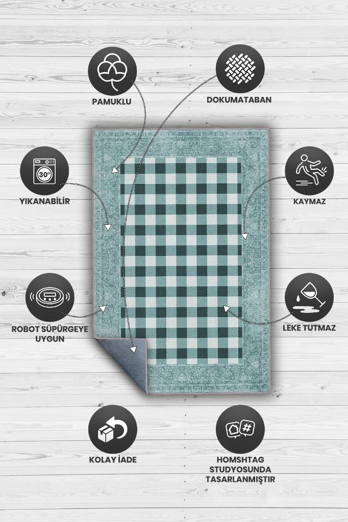 Ekose Desenli Mavi Renkli Halı Vintage Bordürlü Halı Hasır Görünümlü Damalı Halı