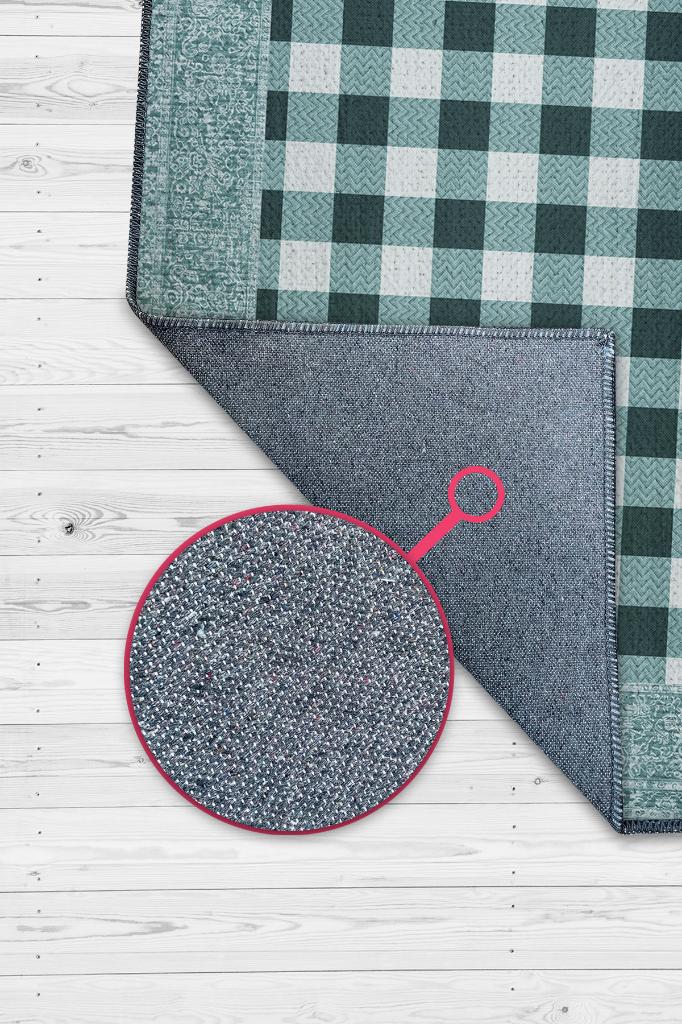 Ekose Desenli Mavi Renkli Halı Vintage Bordürlü Halı Hasır Görünümlü Damalı Halı