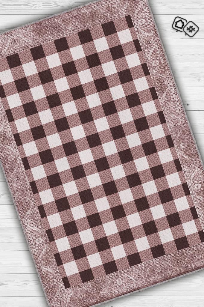 Ekose Desenli Pembe Kahve Renkli Halı Vintage Bordürlü Halı Hasır Görünümlü Damalı Halı