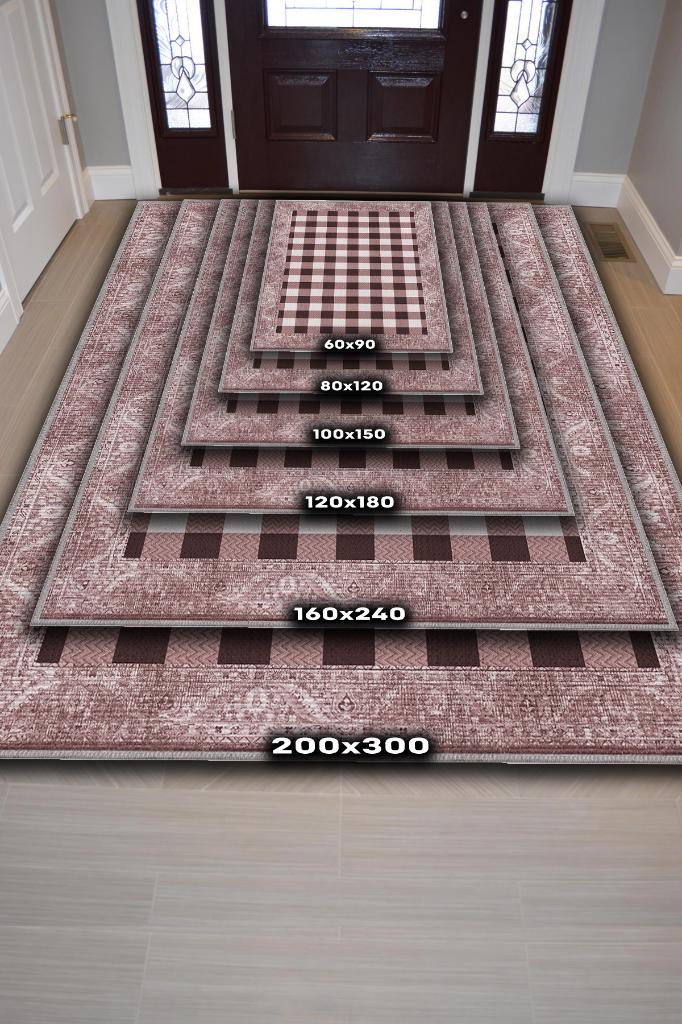 Ekose Desenli Pembe Kahve Renkli Halı Vintage Bordürlü Halı Hasır Görünümlü Damalı Halı