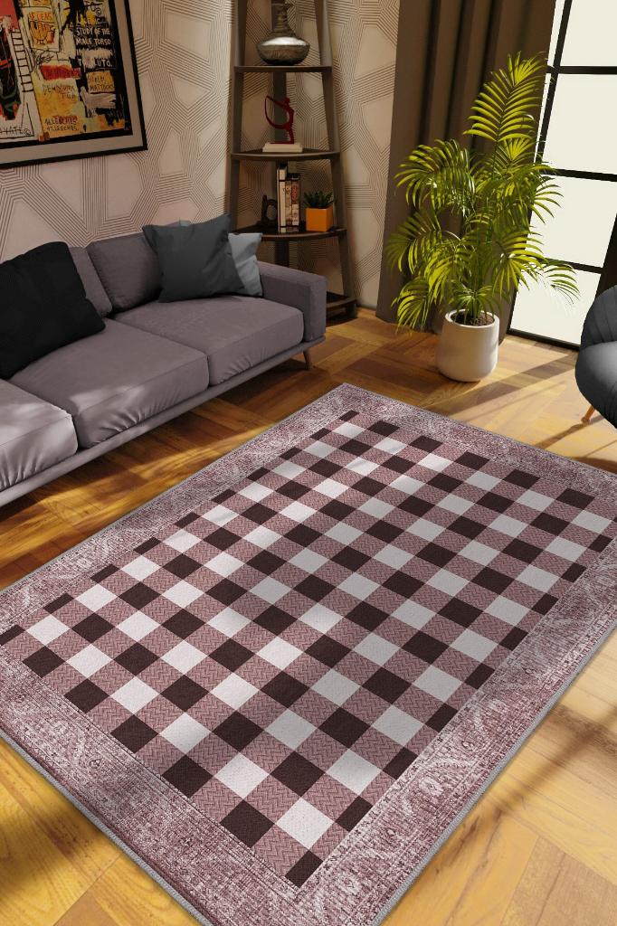 Ekose Desenli Pembe Kahve Renkli Halı Vintage Bordürlü Halı Hasır Görünümlü Damalı Halı