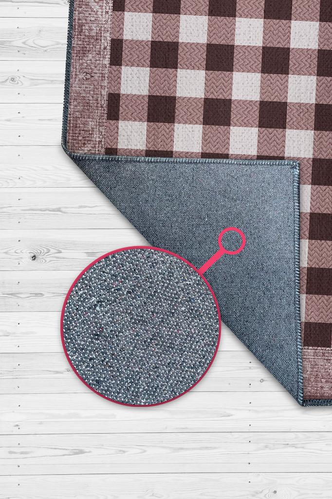 Ekose Desenli Pembe Kahve Renkli Halı Vintage Bordürlü Halı Hasır Görünümlü Damalı Halı