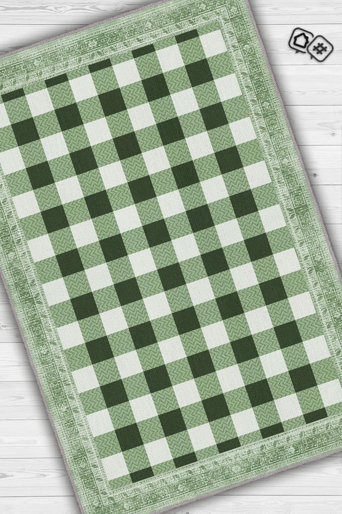 Ekose Desenli Yeşil Renkli Halı Vintage Bordürlü Halı Hasır Görünümlü Damalı Halı