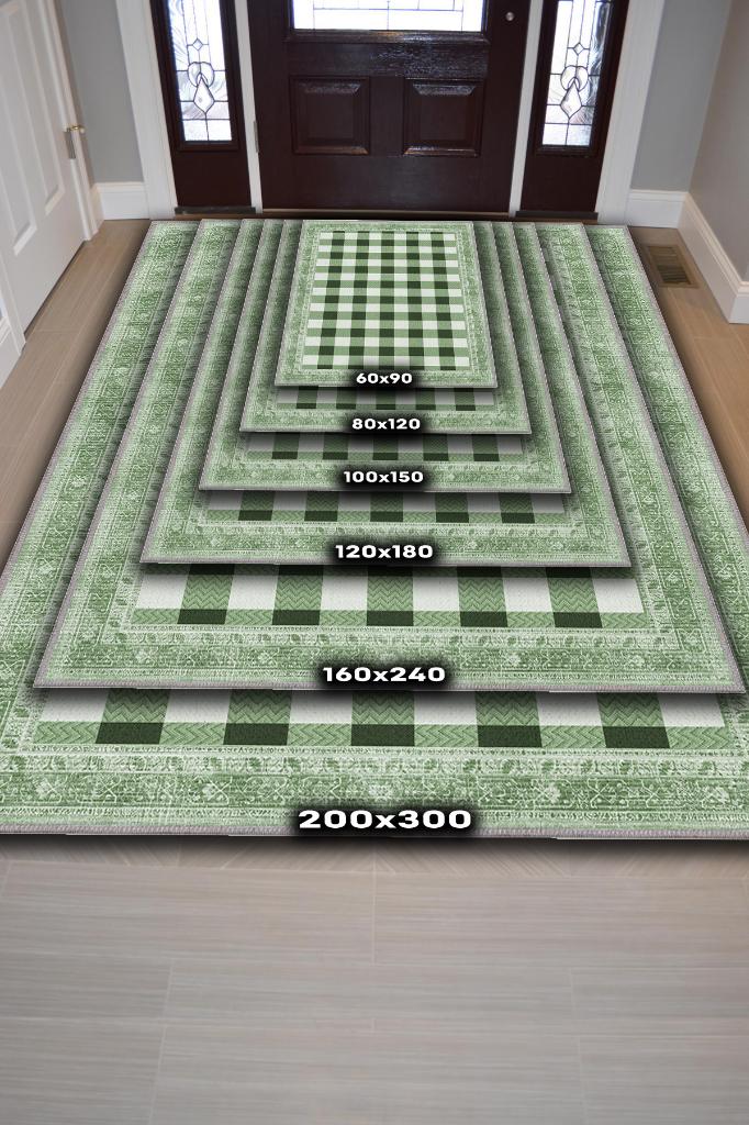 Ekose Desenli Yeşil Renkli Halı Vintage Bordürlü Halı Hasır Görünümlü Damalı Halı