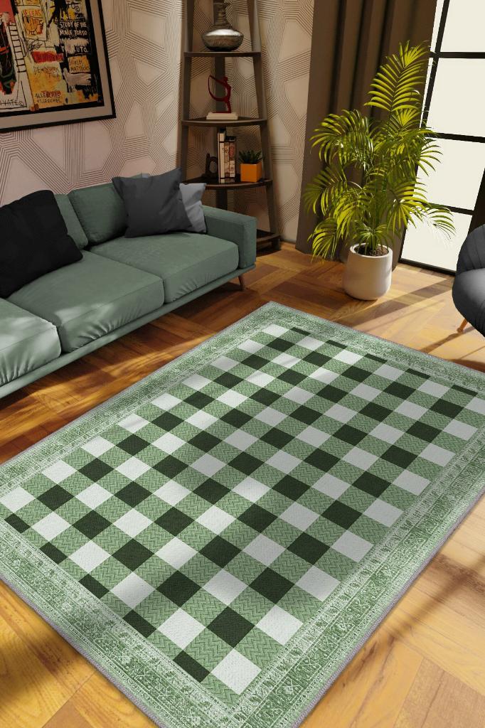 Ekose Desenli Yeşil Renkli Halı Vintage Bordürlü Halı Hasır Görünümlü Damalı Halı