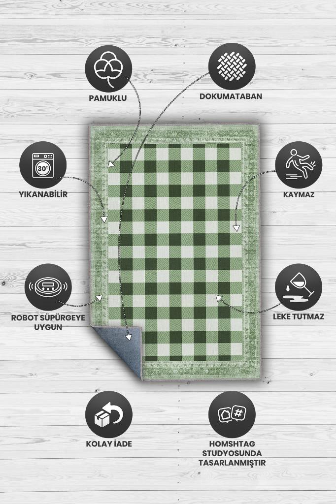 Ekose Desenli Yeşil Renkli Halı Vintage Bordürlü Halı Hasır Görünümlü Damalı Halı