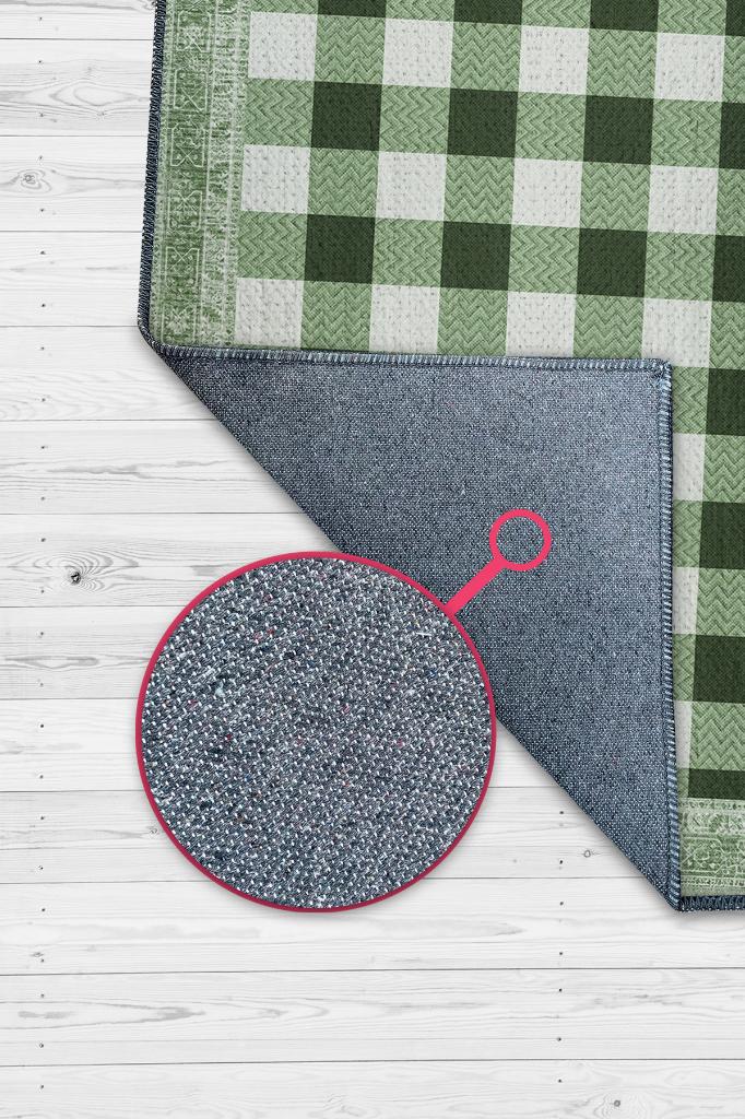 Ekose Desenli Yeşil Renkli Halı Vintage Bordürlü Halı Hasır Görünümlü Damalı Halı