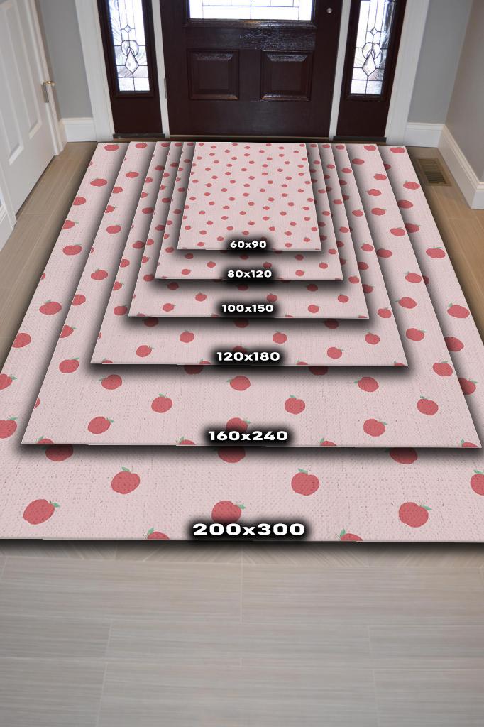 Elma Desenli Pembe Halı Minimal Salon Halısı Renkli Mutfak Halısı Tarz Oturma Odası Halı