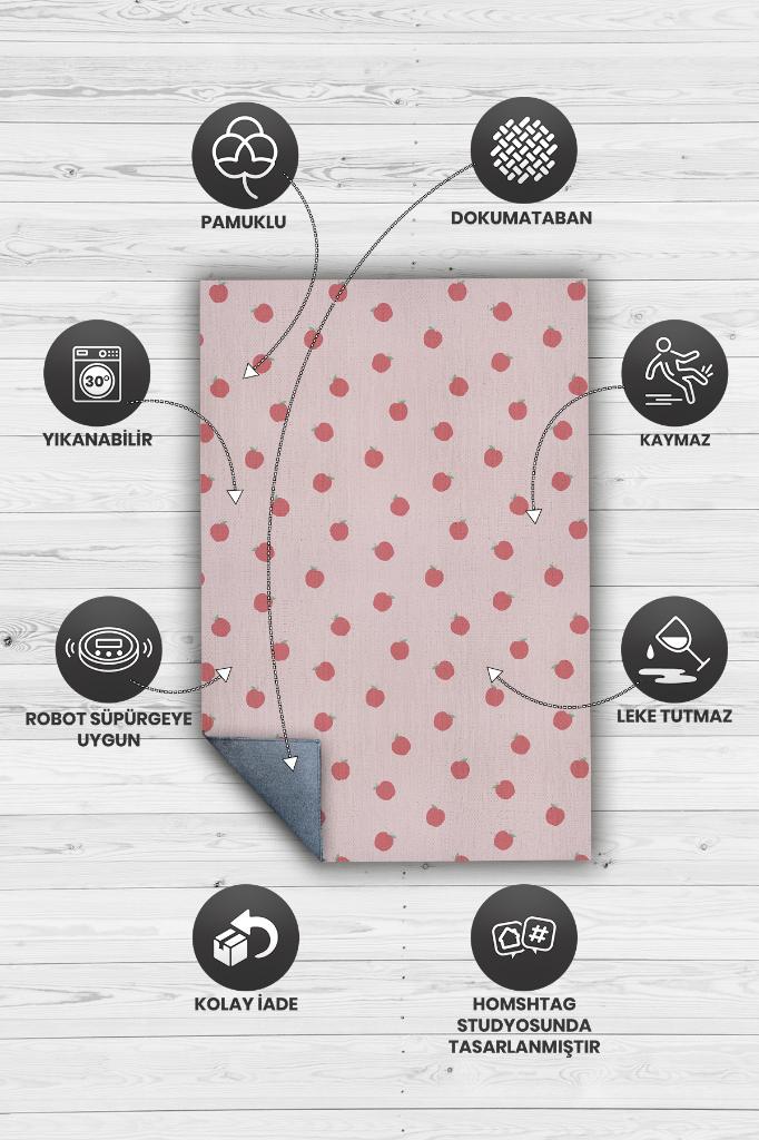 Elma Desenli Pembe Halı Minimal Salon Halısı Renkli Mutfak Halısı Tarz Oturma Odası Halı