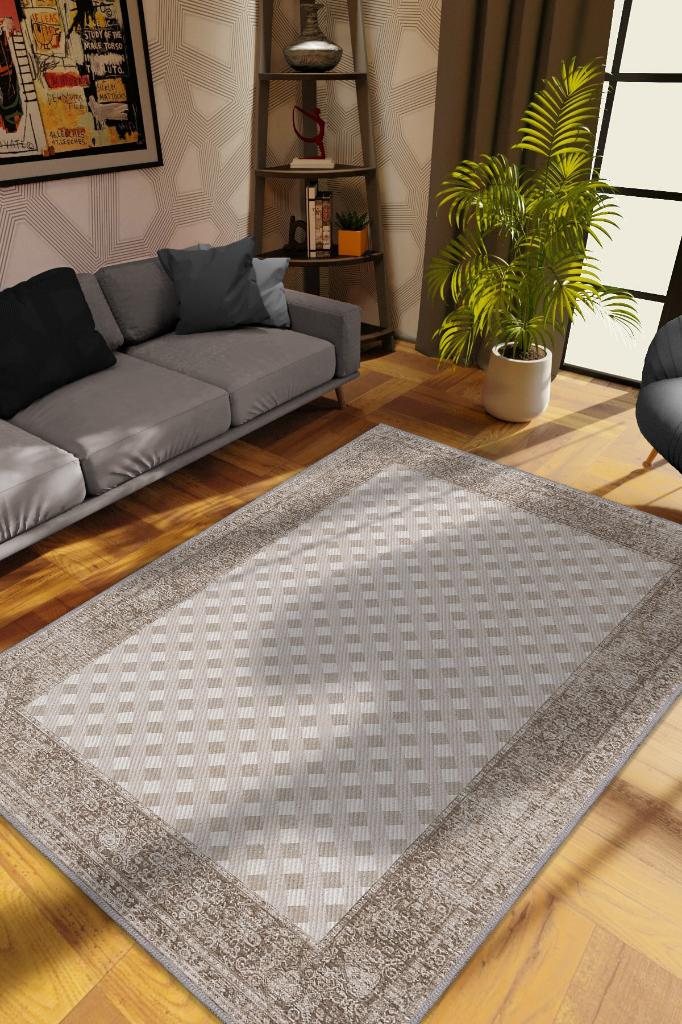 Etnik Desenli Kahverengi Renkli Halı Vintage Bordürlü Halı Geometrik Desenli Dijital Baskı Halı