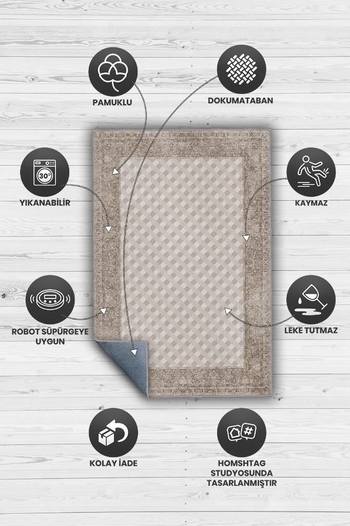 Etnik Desenli Kahverengi Renkli Halı Vintage Bordürlü Halı Geometrik Desenli Dijital Baskı Halı