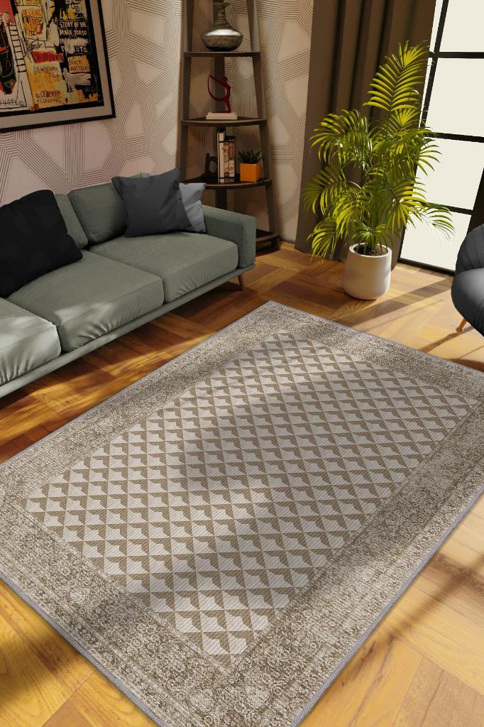 Etnik Desenli Kahverenkli Renkli Halı Vintage Bordürlü Halı Geometrik Desenli Dijital Baskı Halı