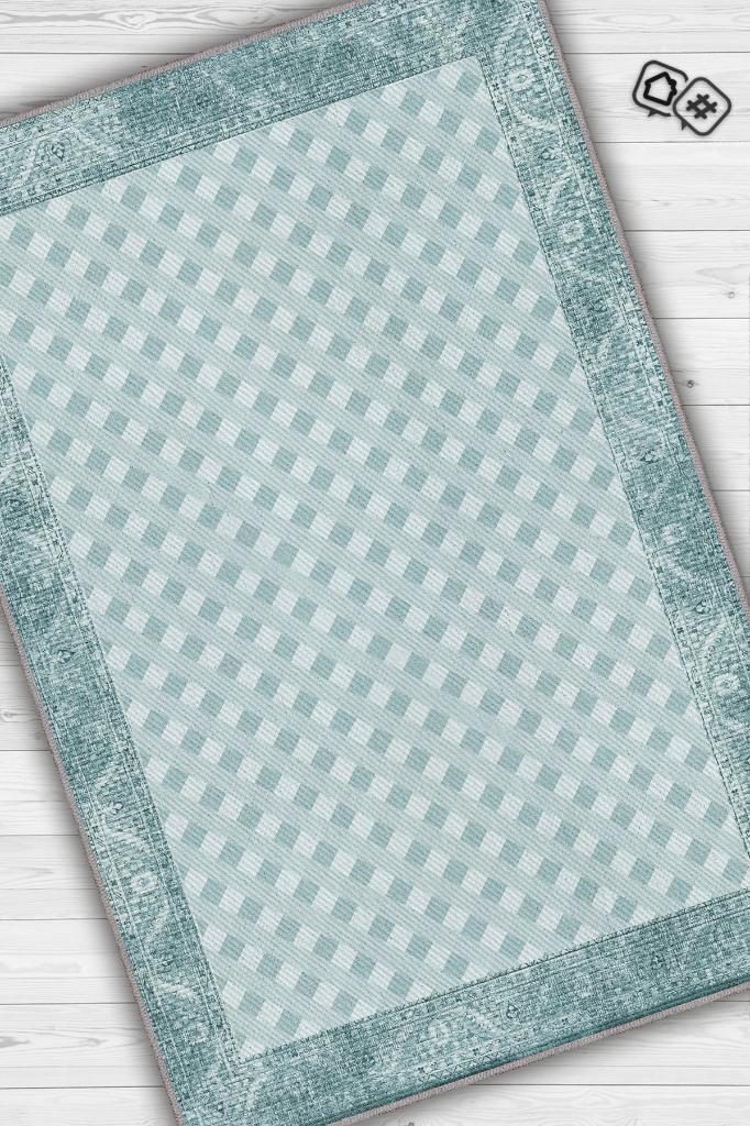 Etnik Desenli Mavi Renkli Halı Vintage Bordürlü Halı Geometrik Desenli Dijital Baskı Halı