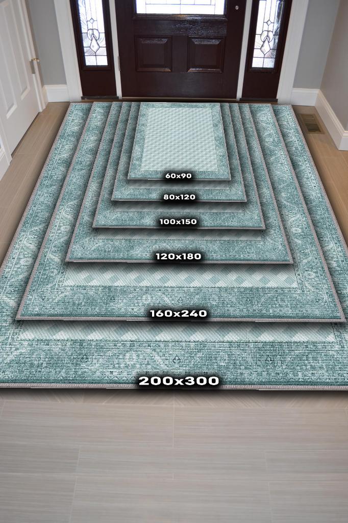 Etnik Desenli Mavi Renkli Halı Vintage Bordürlü Halı Geometrik Desenli Dijital Baskı Halı