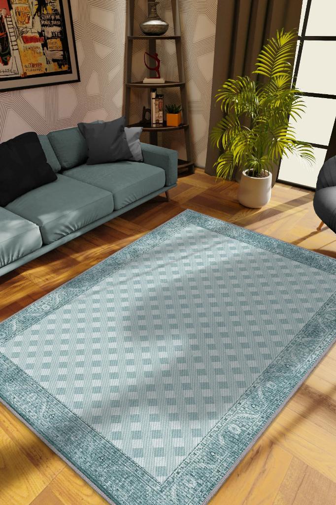 Etnik Desenli Mavi Renkli Halı Vintage Bordürlü Halı Geometrik Desenli Dijital Baskı Halı