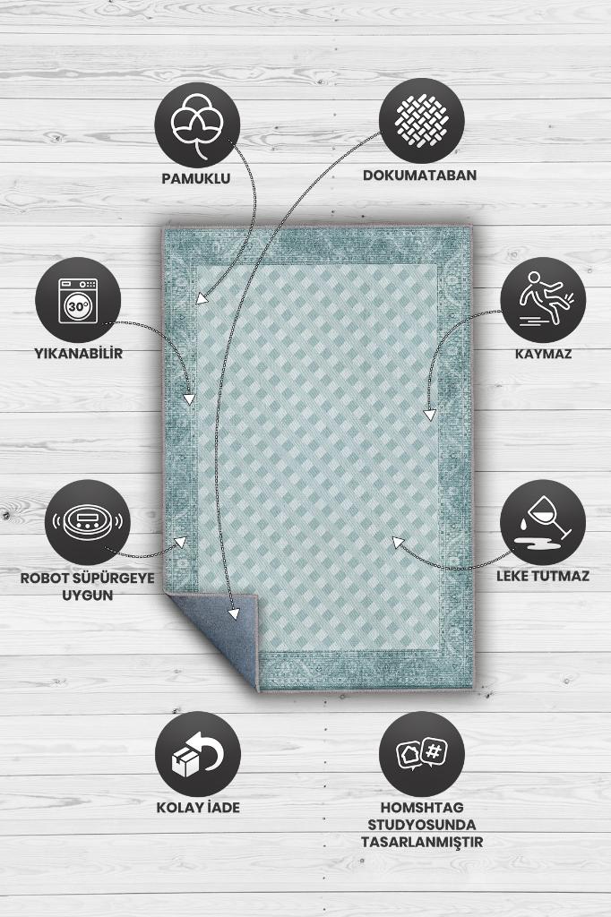 Etnik Desenli Mavi Renkli Halı Vintage Bordürlü Halı Geometrik Desenli Dijital Baskı Halı