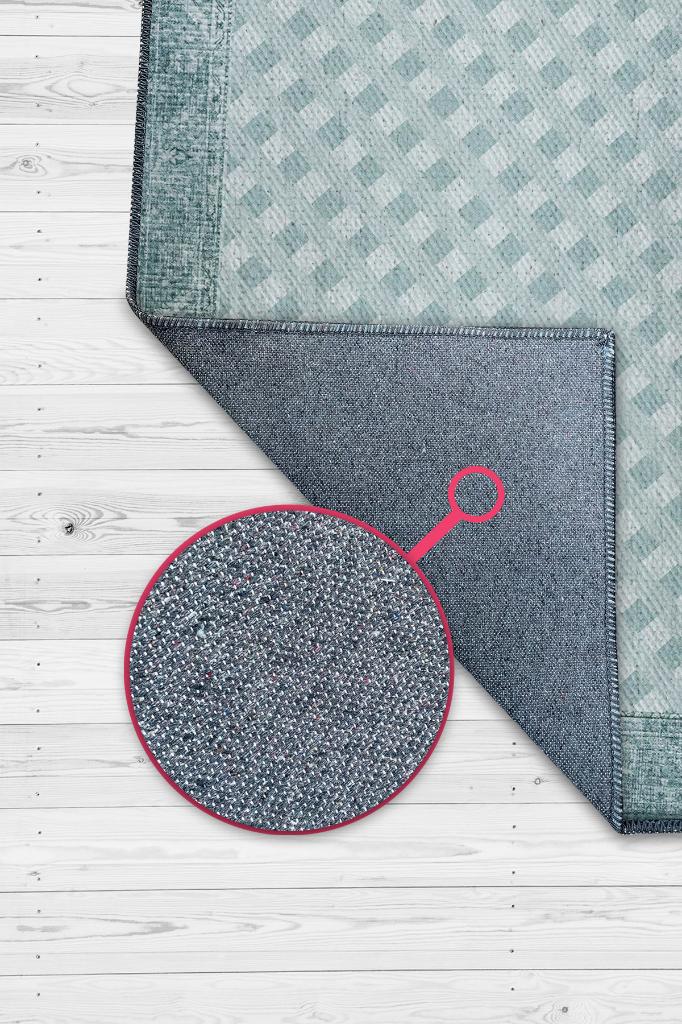 Etnik Desenli Mavi Renkli Halı Vintage Bordürlü Halı Geometrik Desenli Dijital Baskı Halı