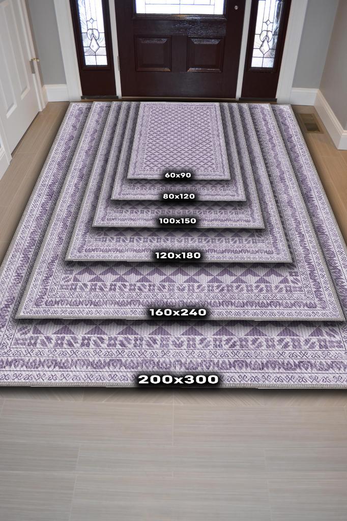 Etnik Desenli Mor Renkli Halı Vintage Bordürlü Halı Geometrik Desenli Dijital Baskı Halı