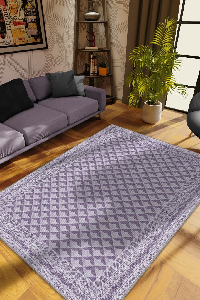 Etnik Desenli Mor Renkli Halı Vintage Bordürlü Halı Geometrik Desenli Dijital Baskı Halı