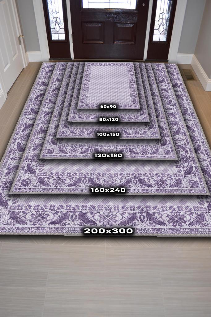 Etnik Desenli Mor Renkli Halı Vintage Bordürlü Halı Geometrik Desenli Dijital Baskı Halı