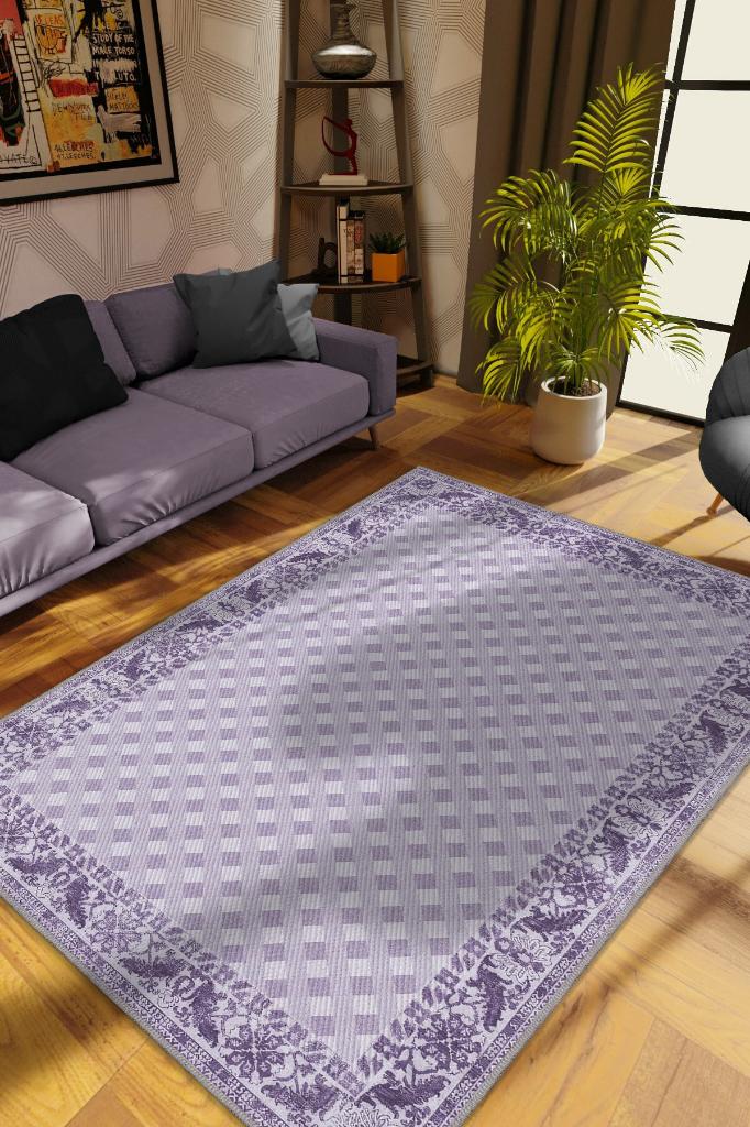 Etnik Desenli Mor Renkli Halı Vintage Bordürlü Halı Geometrik Desenli Dijital Baskı Halı