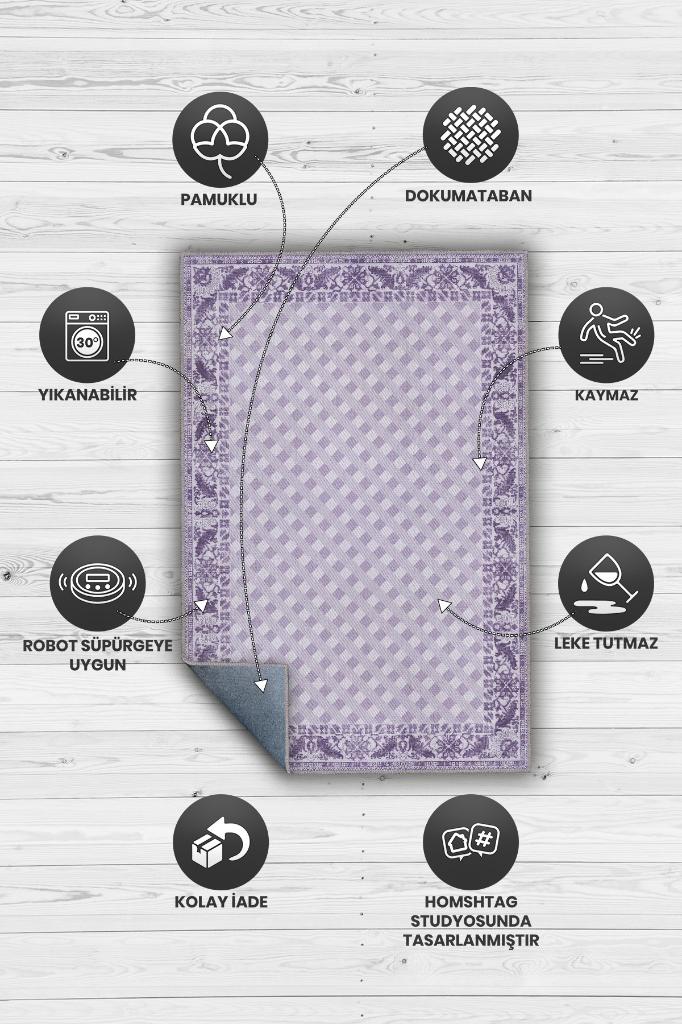 Etnik Desenli Mor Renkli Halı Vintage Bordürlü Halı Geometrik Desenli Dijital Baskı Halı