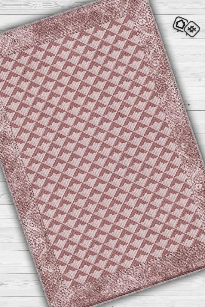 Etnik Desenli Pembe Renkli Halı Vintage Bordürlü Halı Geometrik Desenli Dijital Baskı Halı