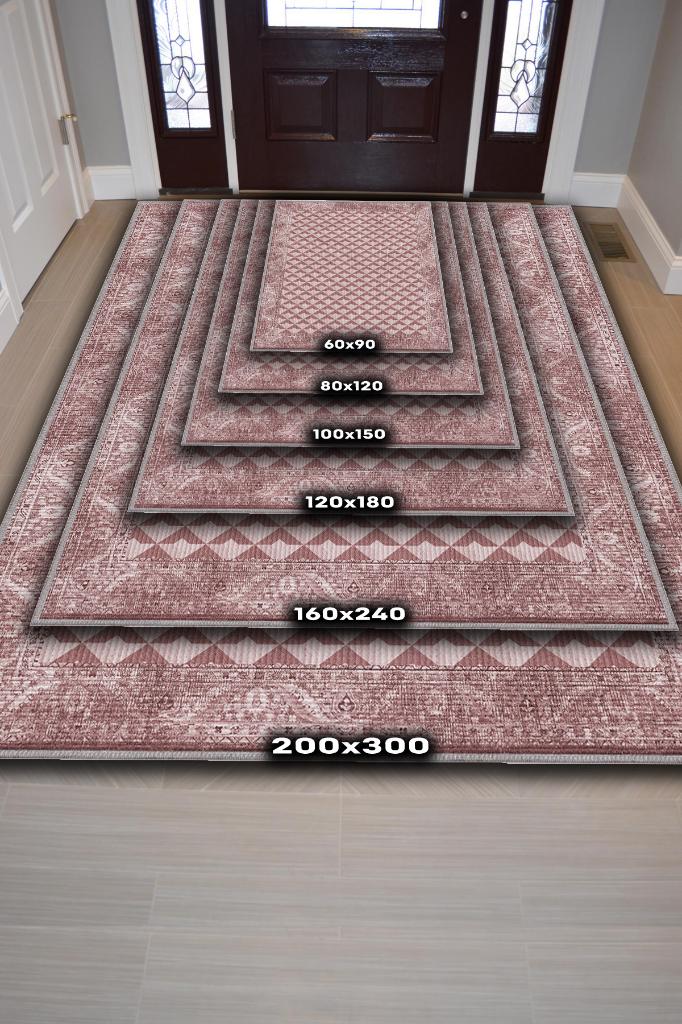 Etnik Desenli Pembe Renkli Halı Vintage Bordürlü Halı Geometrik Desenli Dijital Baskı Halı