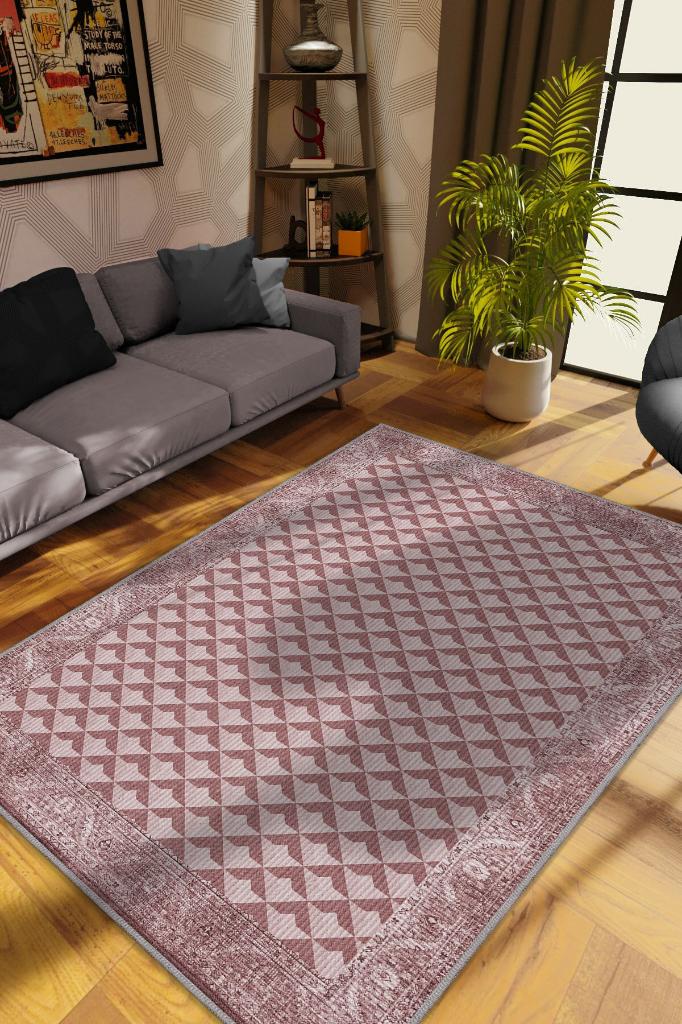 Etnik Desenli Pembe Renkli Halı Vintage Bordürlü Halı Geometrik Desenli Dijital Baskı Halı