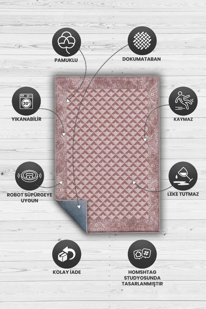 Etnik Desenli Pembe Renkli Halı Vintage Bordürlü Halı Geometrik Desenli Dijital Baskı Halı