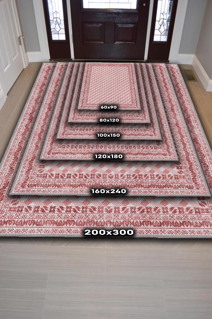 Etnik Desenli Pembe Renkli Halı Vintage Bordürlü Halı Geometrik Desenli Dijital Baskı Halı