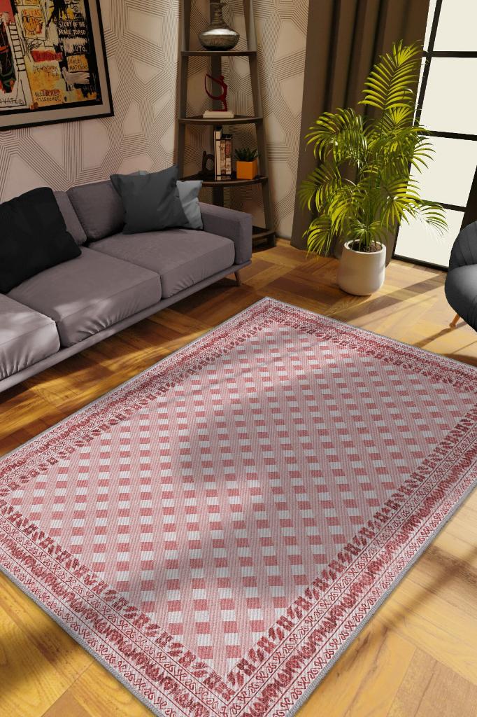 Etnik Desenli Pembe Renkli Halı Vintage Bordürlü Halı Geometrik Desenli Dijital Baskı Halı