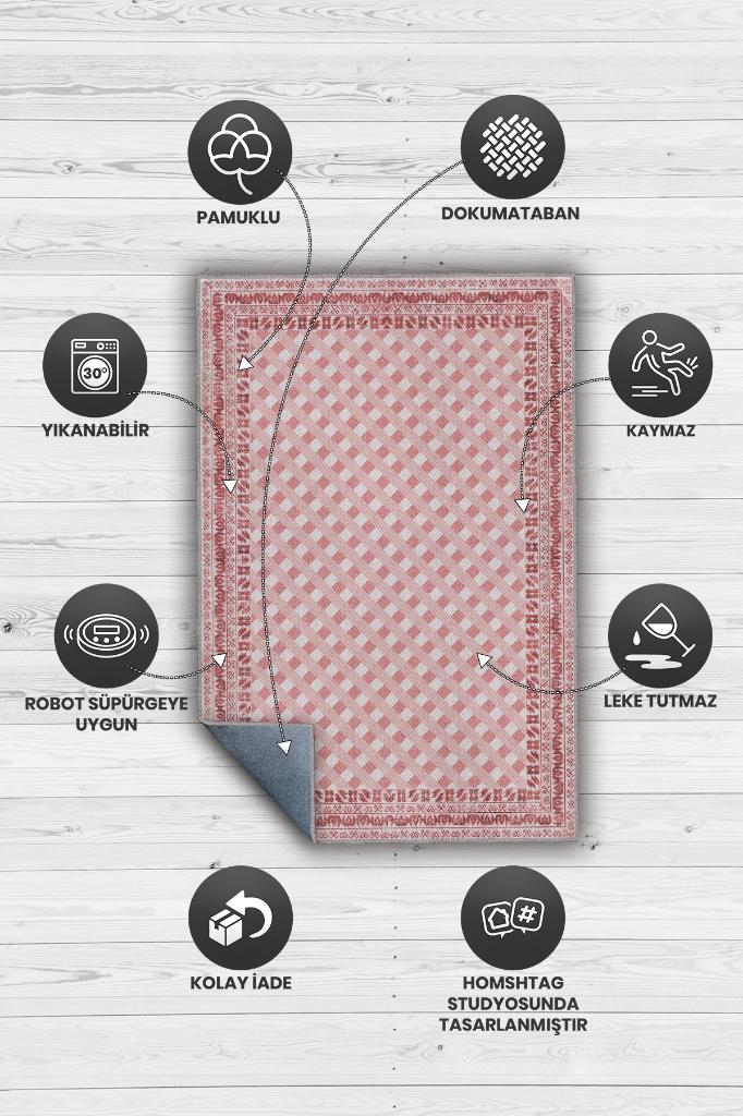 Etnik Desenli Pembe Renkli Halı Vintage Bordürlü Halı Geometrik Desenli Dijital Baskı Halı