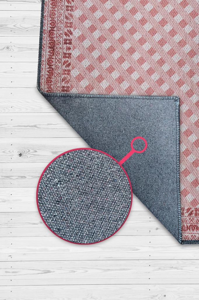 Etnik Desenli Pembe Renkli Halı Vintage Bordürlü Halı Geometrik Desenli Dijital Baskı Halı