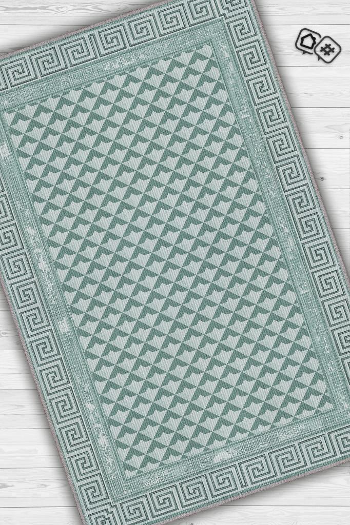 Etnik Desenli Yeşil Renkli Halı Vintage Bordürlü Halı Geometrik Desenli Dijital Baskı Halı