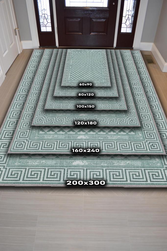 Etnik Desenli Yeşil Renkli Halı Vintage Bordürlü Halı Geometrik Desenli Dijital Baskı Halı