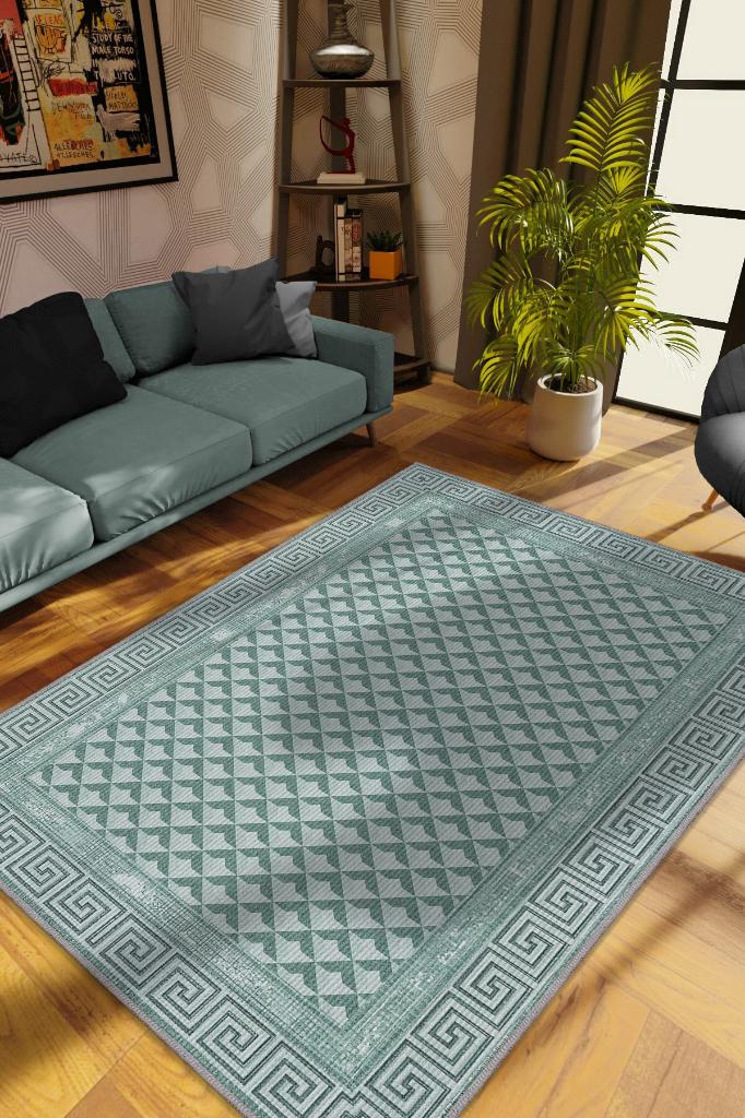 Etnik Desenli Yeşil Renkli Halı Vintage Bordürlü Halı Geometrik Desenli Dijital Baskı Halı