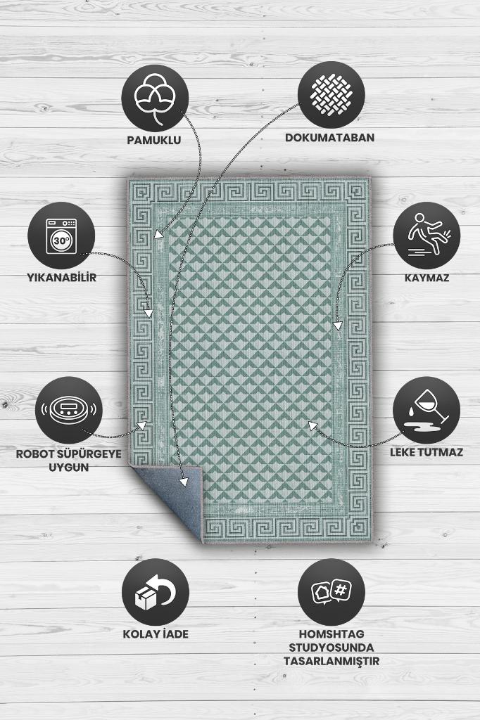 Etnik Desenli Yeşil Renkli Halı Vintage Bordürlü Halı Geometrik Desenli Dijital Baskı Halı