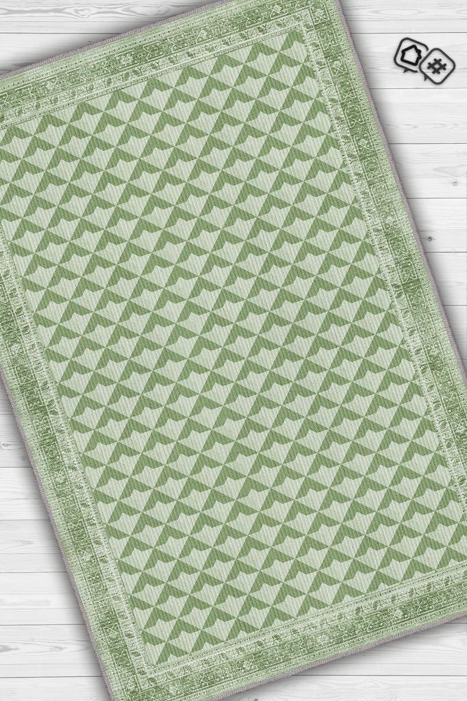Etnik Desenli Yeşil Renkli Halı Vintage Bordürlü Halı Geometrik Desenli Dijital Baskı Halı