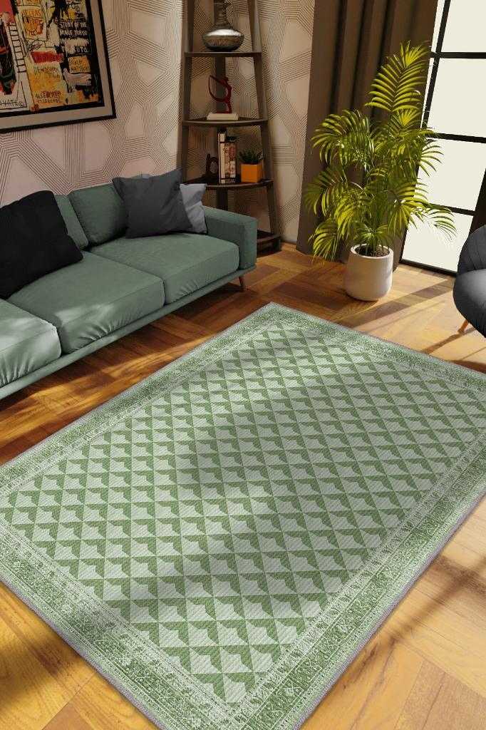 Etnik Desenli Yeşil Renkli Halı Vintage Bordürlü Halı Geometrik Desenli Dijital Baskı Halı