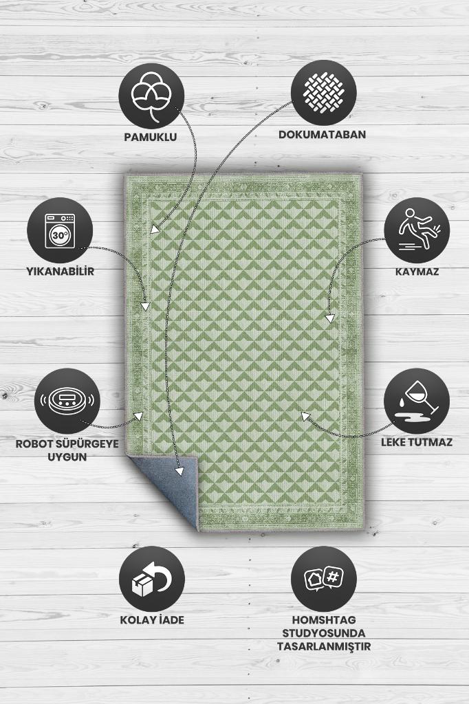 Etnik Desenli Yeşil Renkli Halı Vintage Bordürlü Halı Geometrik Desenli Dijital Baskı Halı