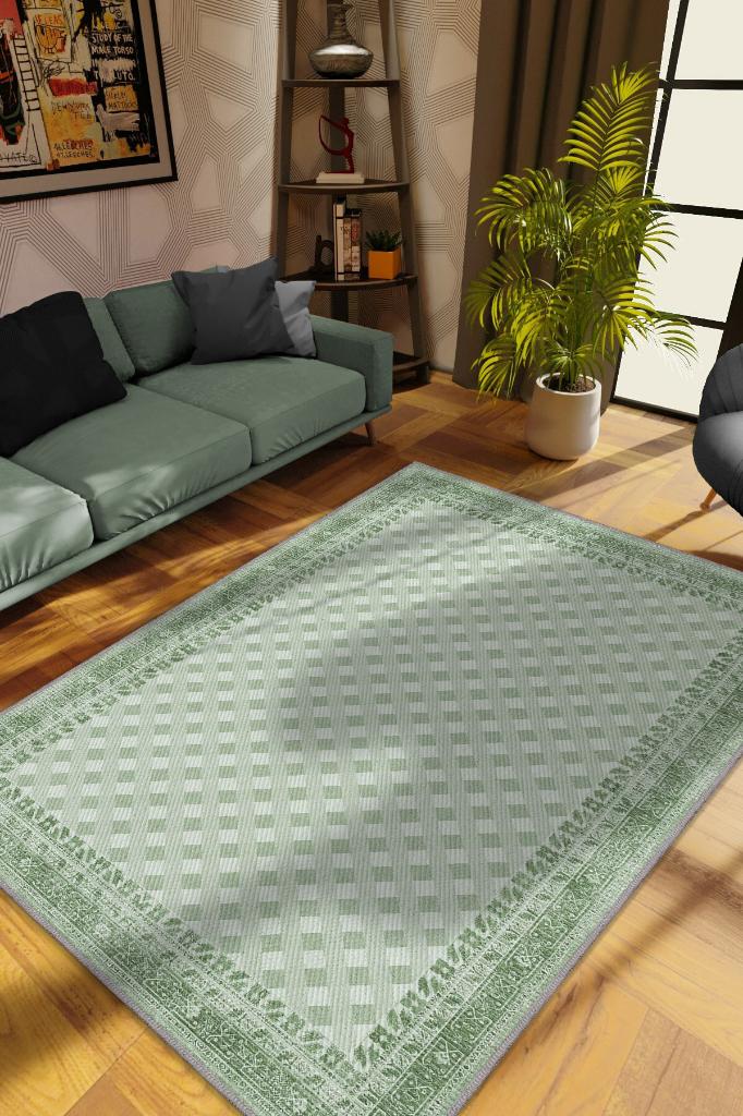 Etnik Desenli Yeşil Renkli Halı Vintage Bordürlü Halı Geometrik Desenli Dijital Baskı Halı